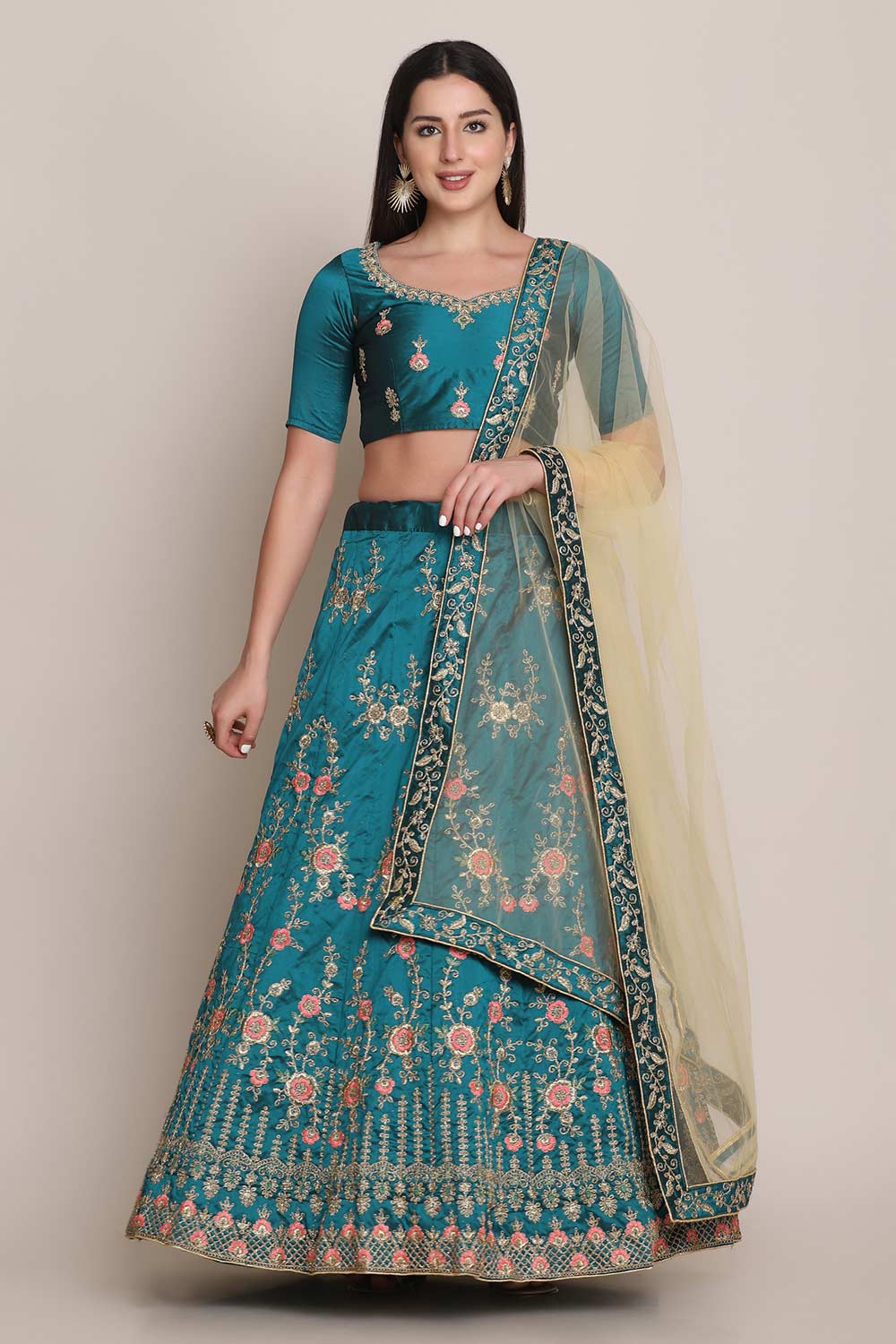 Teal Taffeta Silk Embroidered Lehenga Choli