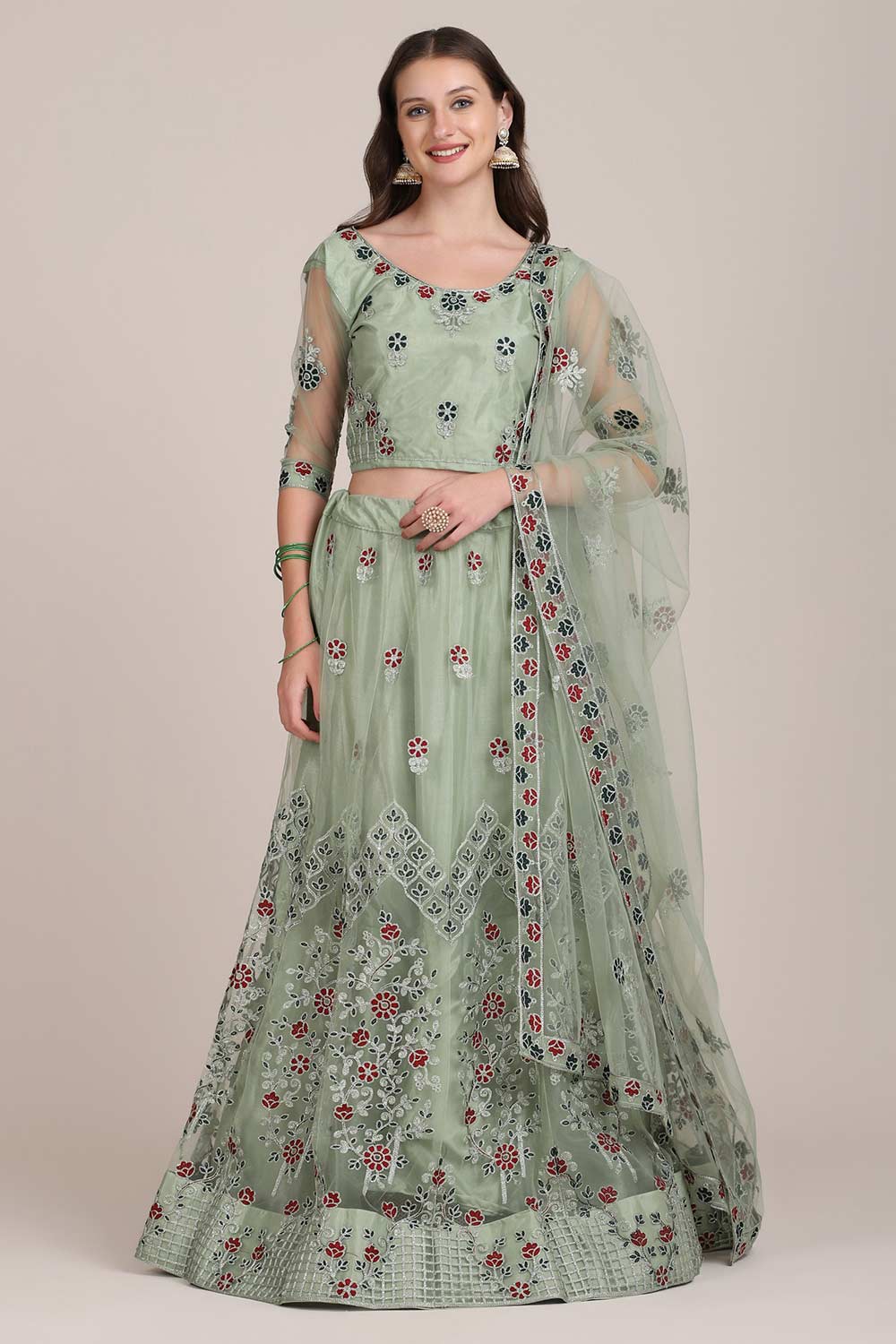 Green Net Embroidered Lehenga Choli