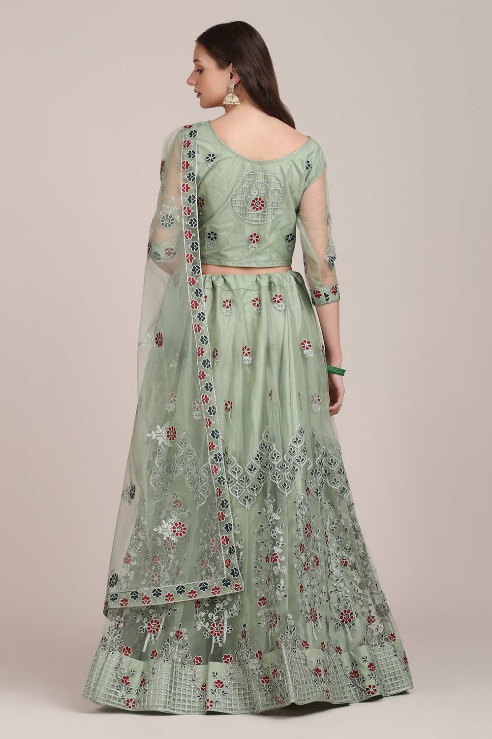 Green Net Embroidered Lehenga Choli