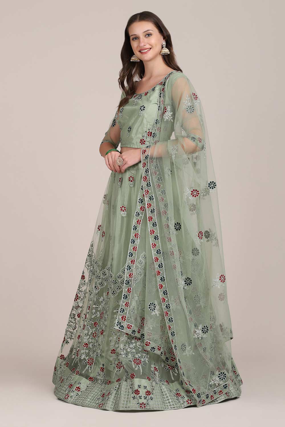 Green Net Embroidered Lehenga Choli