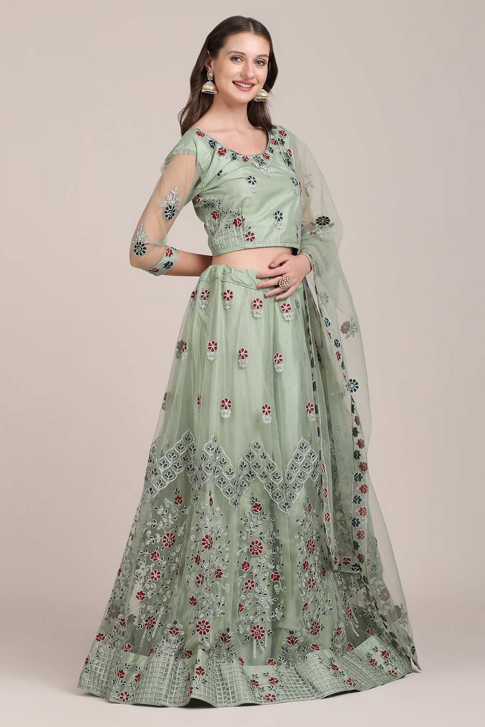 Green Net Embroidered Lehenga Choli