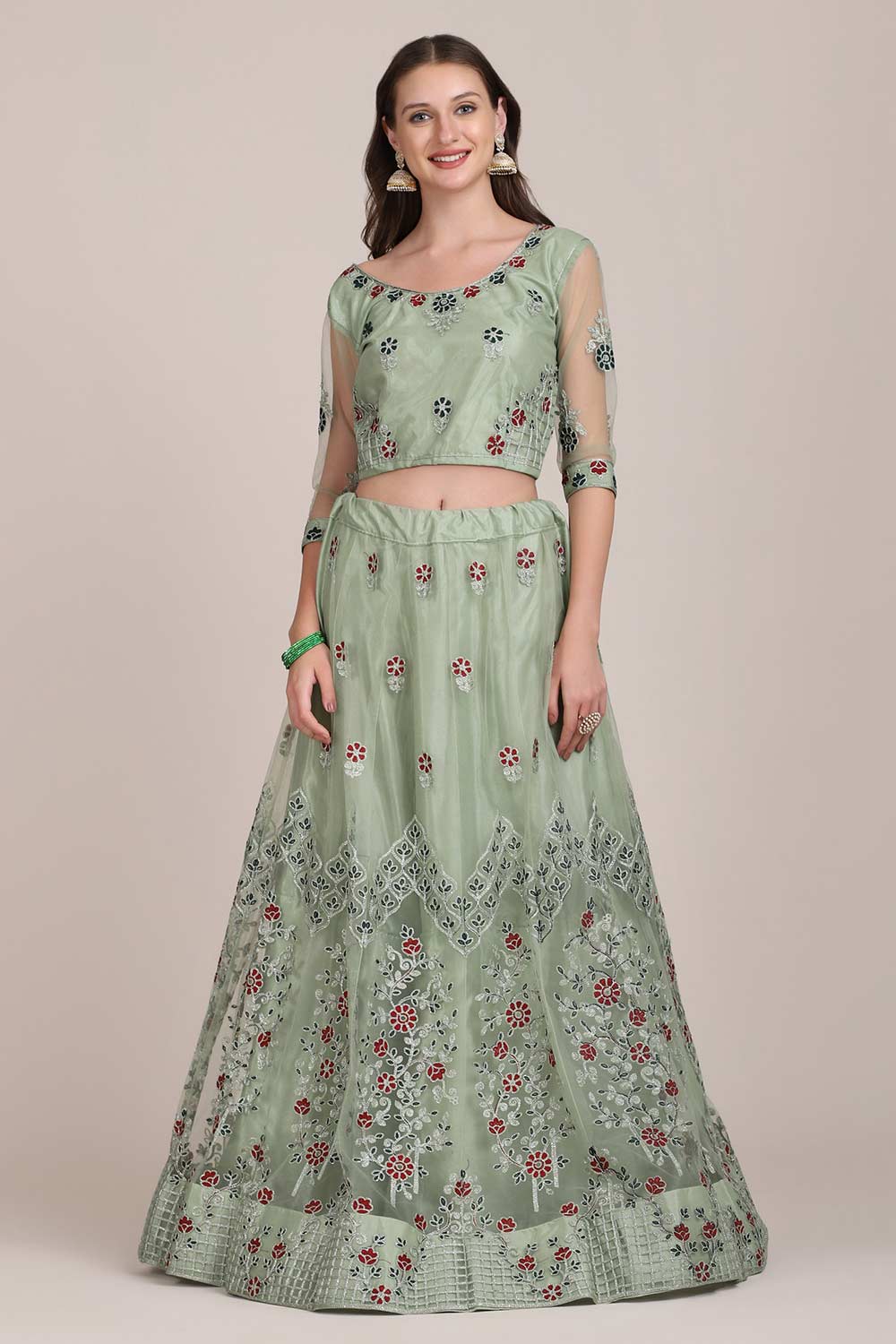 Green Net Embroidered Lehenga Choli