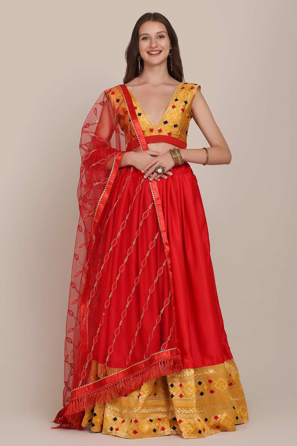 Red Satin Silk Lace Work Lehenga Choli