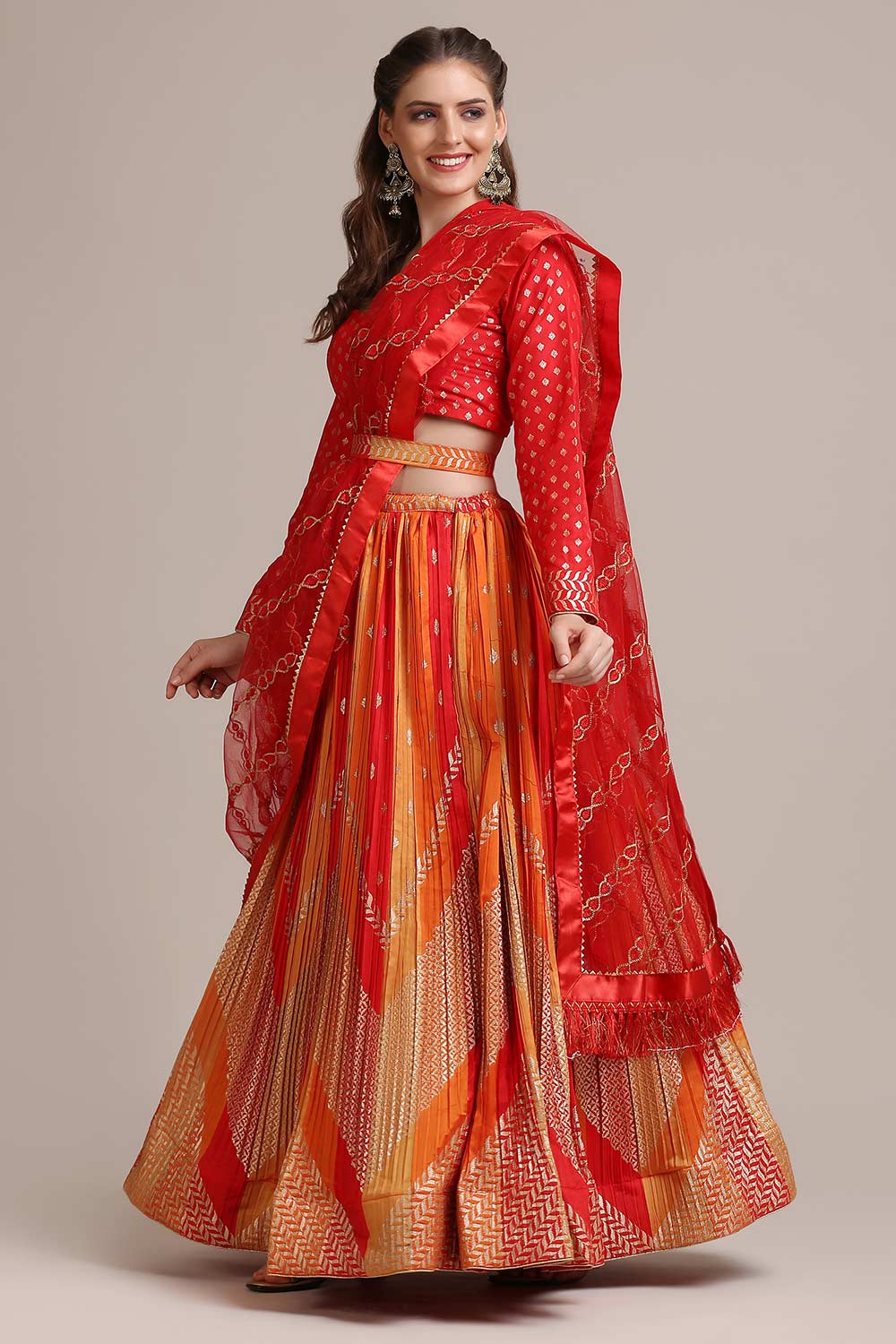 Orange Jacquard Silk Gold Woven Lehenga Choli