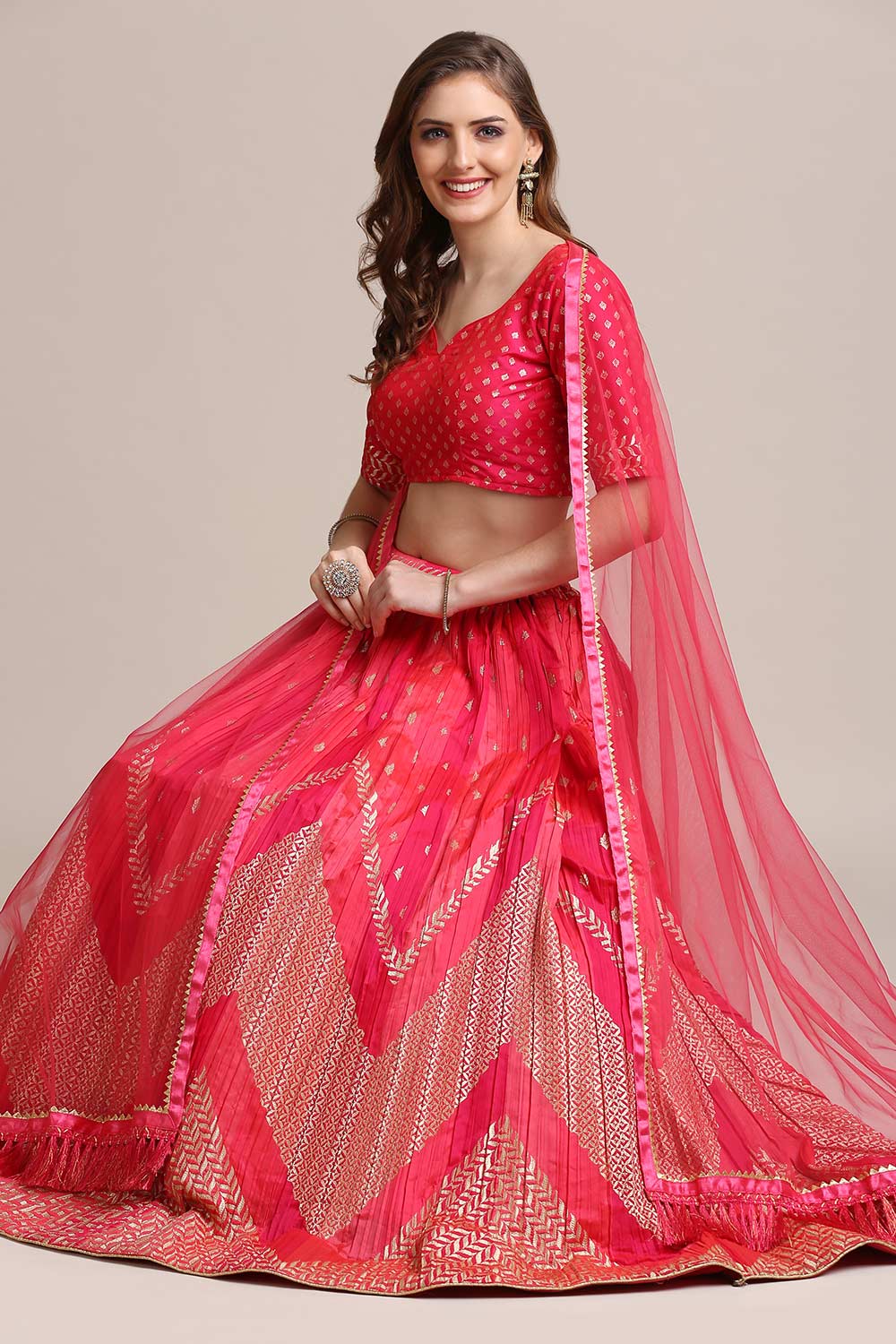 Pink Jacquard Silk Gold Woven Lehenga Choli