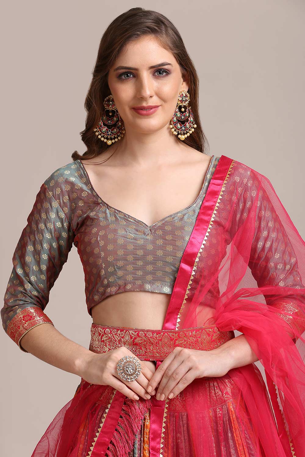 Grey Jacquard Silk Gold Woven Lehenga Choli