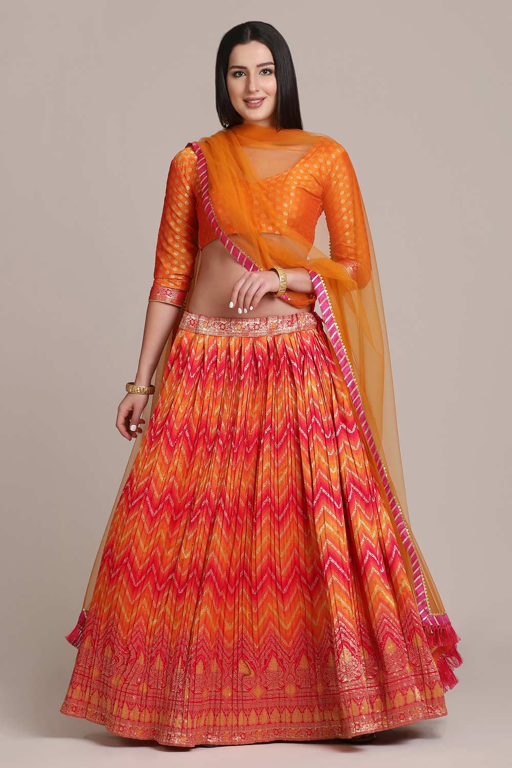 Orange Silk Blend Zari Emblished Woven Lehenga Choli