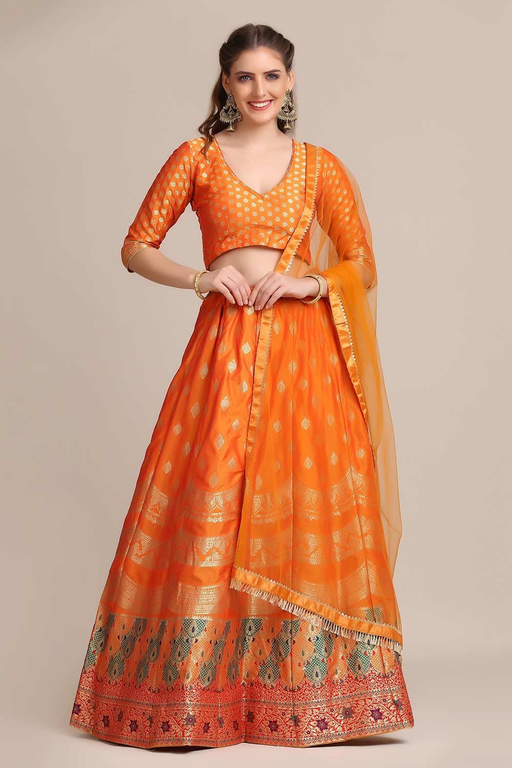 Orange Jacquard Silk Gold Woven Lehenga Choli