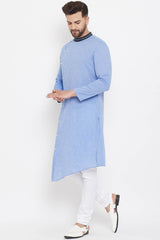 Buy Men's Blended Cotton Solid Kurta in Blue - Front