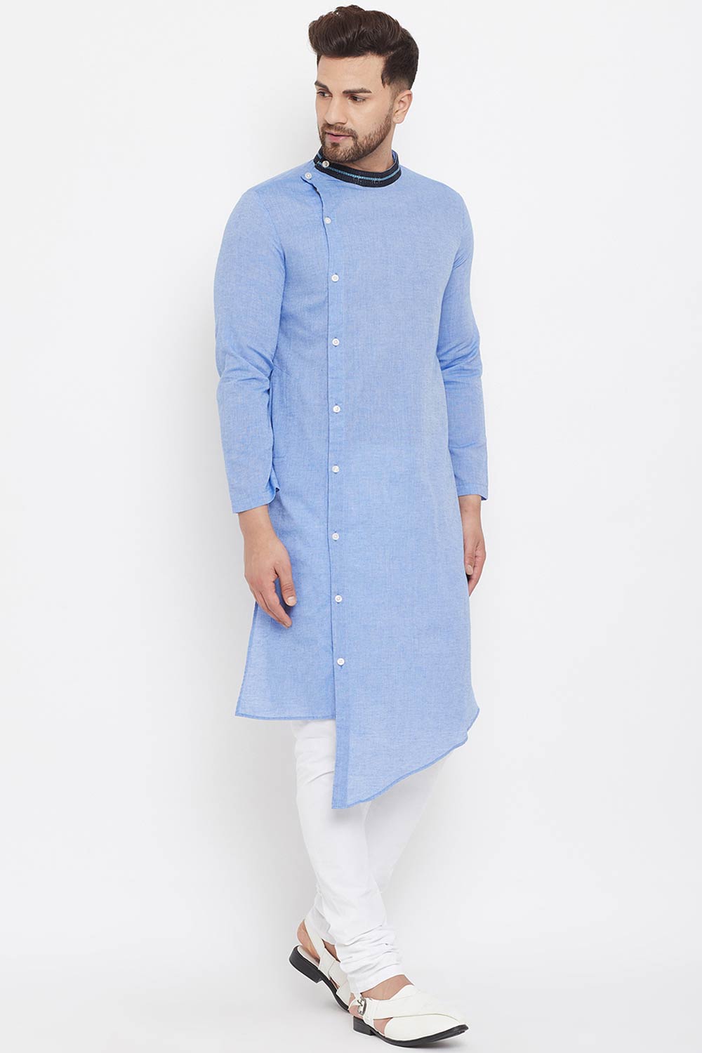 Buy Men's Blended Cotton Solid Kurta in Blue - Side