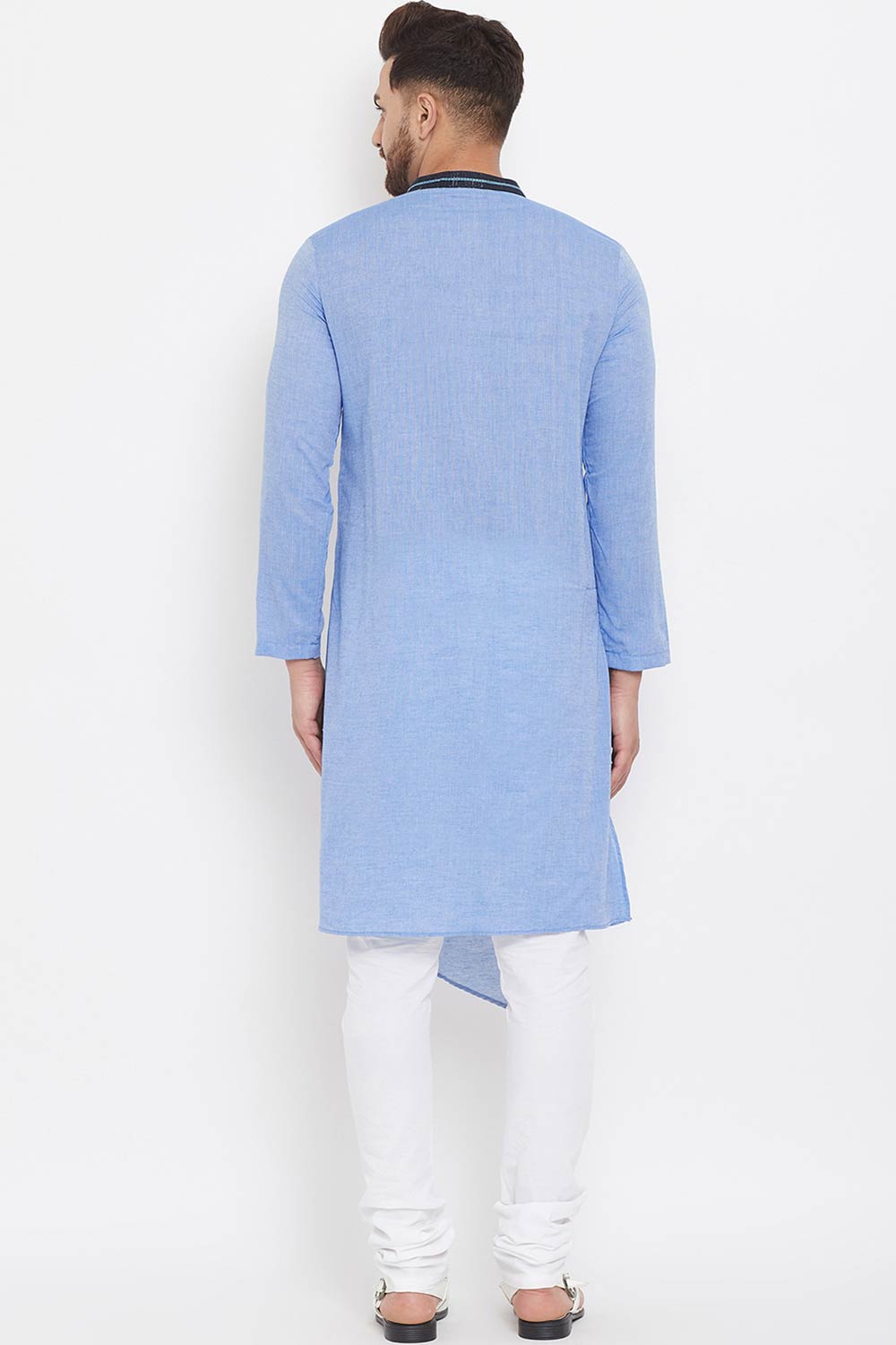 Buy Men's Blended Cotton Solid Kurta in Blue - Zoom In