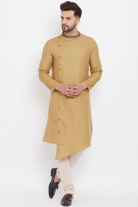 Buy Men's Blended Cotton Solid Kurta in Beige - Back