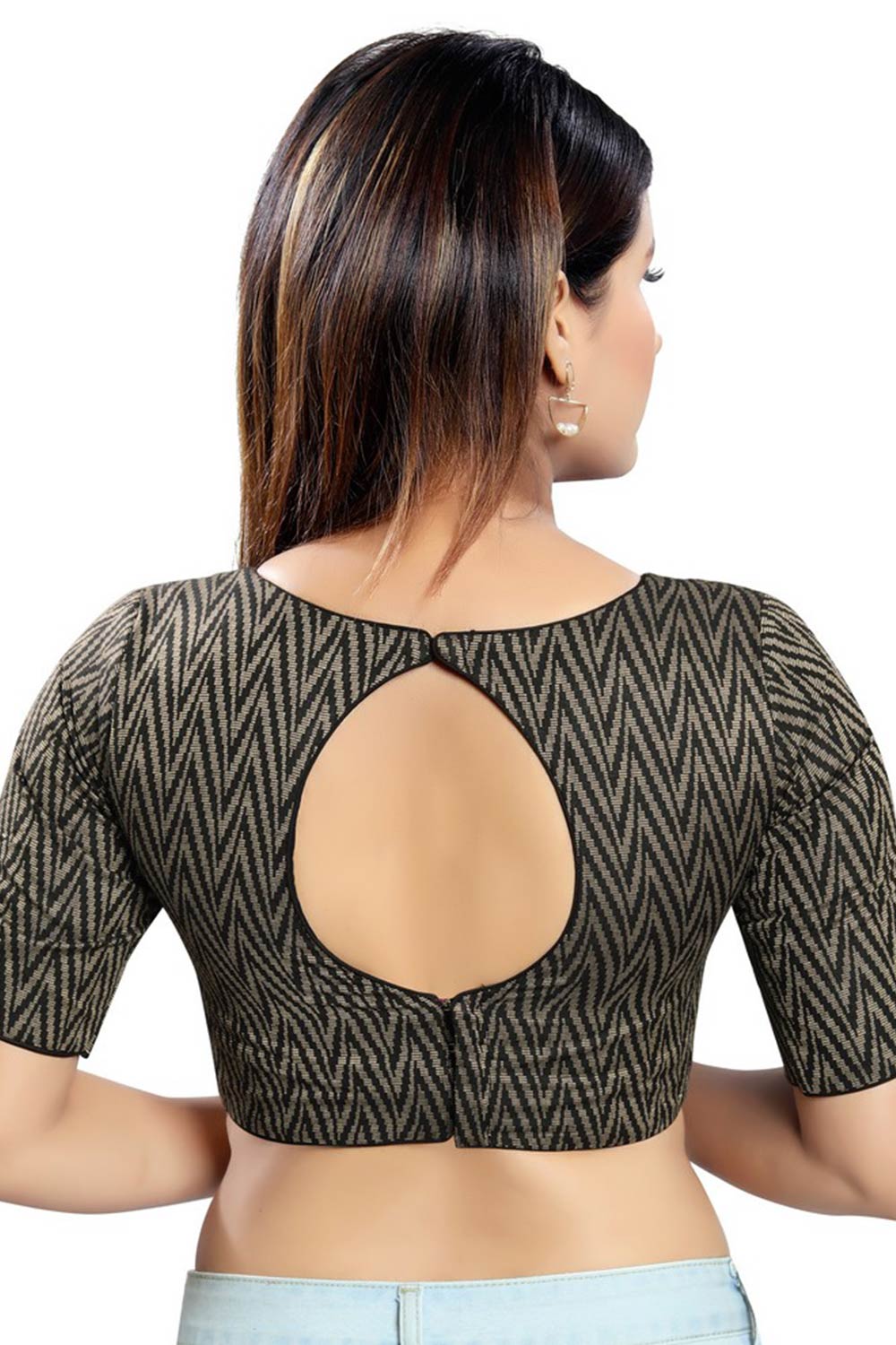 Black Cotton Blend Back Open Padded Elbow Sleeves Saree Blouse