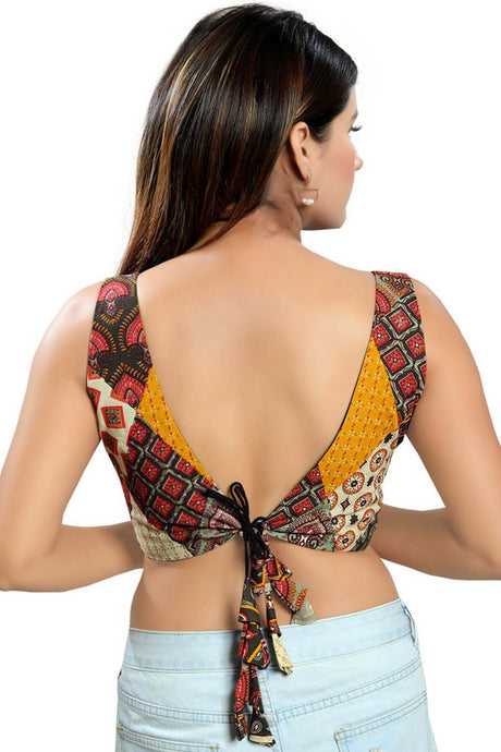 Buy Cotton Blend Abstract Print Saree Blouse in Gery - Back