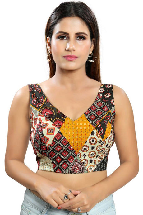 Buy Cotton Blend Abstract Print Saree Blouse in Gery