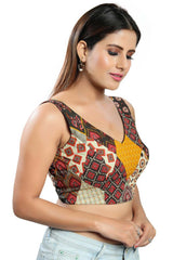 Buy Cotton Blend Abstract Print Saree Blouse in Gery - Front