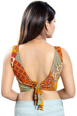 Buy Cotton Blend Abstract Print Saree Blouse in Mustard - Back