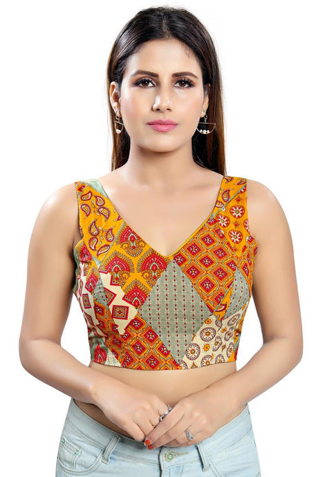 Buy Cotton Blend Abstract Print Saree Blouse in Mustard