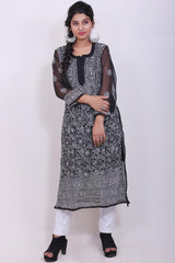 Chikankari Leher Heavy Embroidered Kurti Top In Black