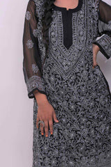 Chikankari Leher Heavy Embroidered Kurti Top In Black