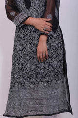 Chikankari Leher Heavy Embroidered Kurti Top In Black