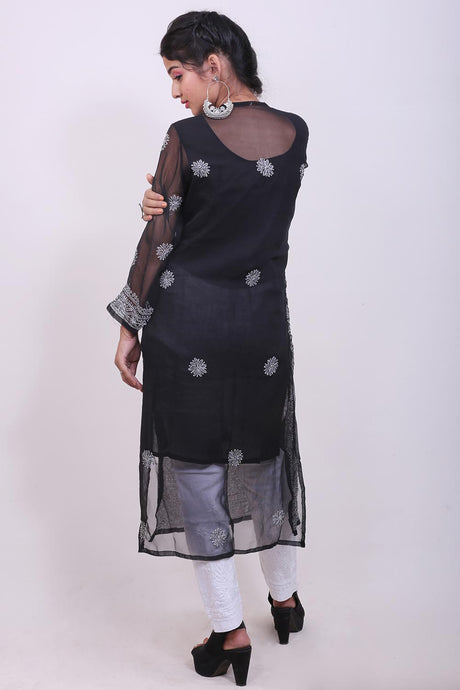 Chikankari Leher Heavy Embroidered Kurti Top In Black