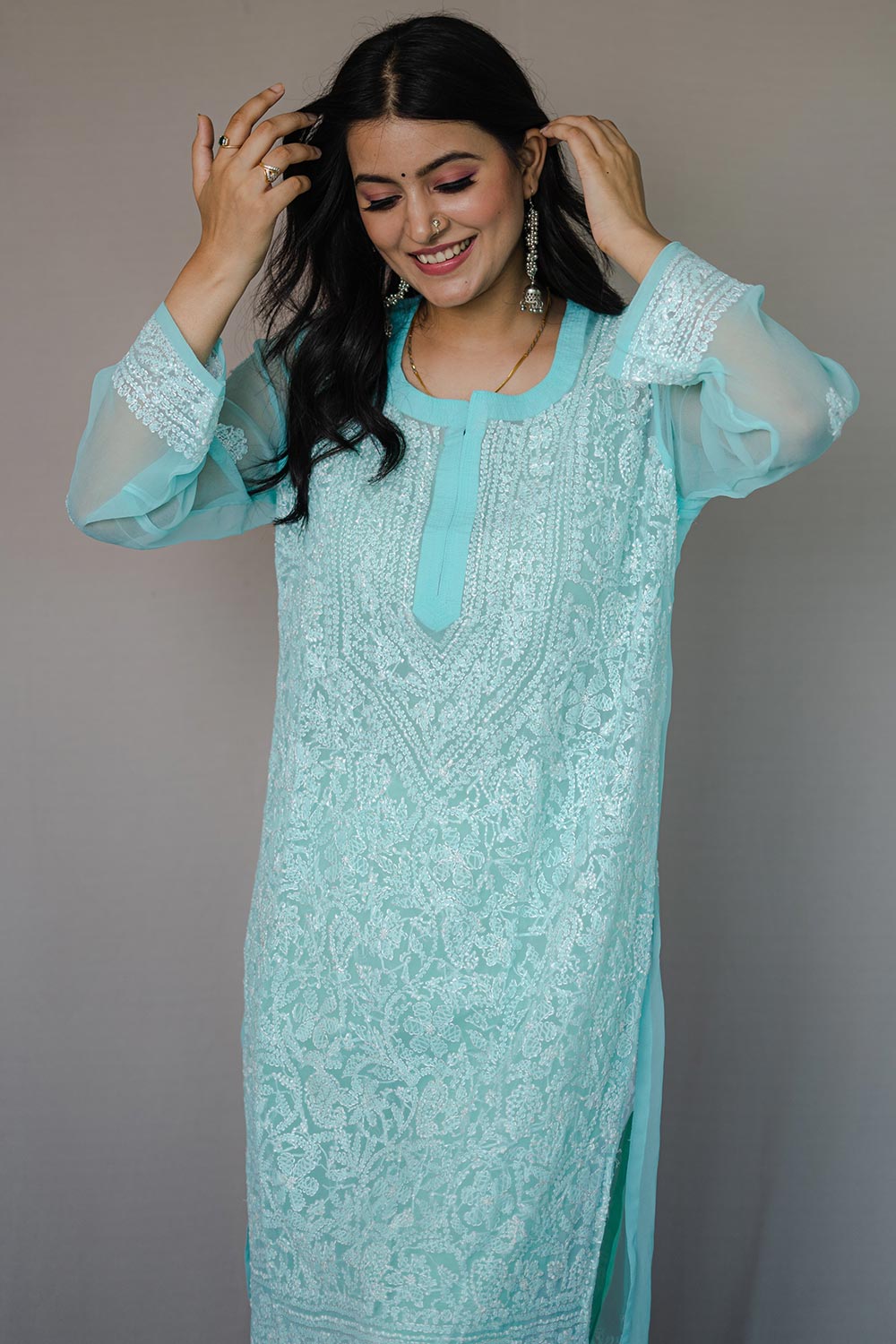 Buy Georgette Embroidered Kurta Top in Sea Green Online - Front