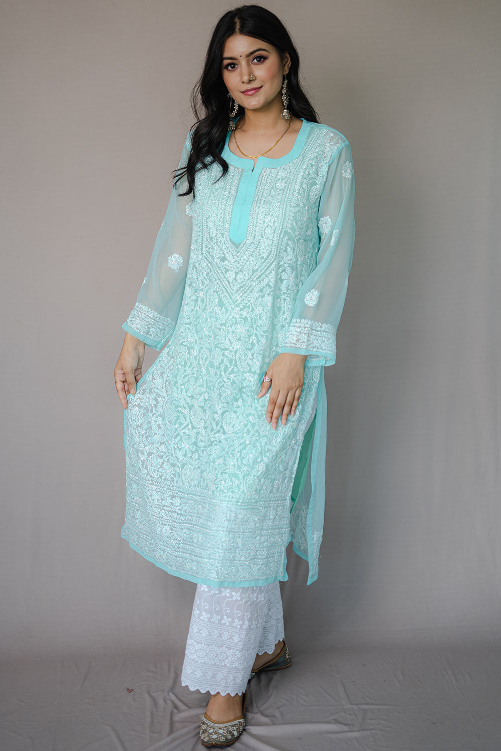 Buy Georgette Embroidered Kurta Top in Sea Green Online