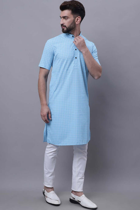 Buy Men's Blue Cotton Check Print Long Kurta Top Online - Back