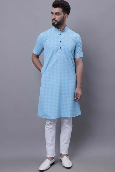 Buy Men's Blue Cotton Check Print Long Kurta Top Online