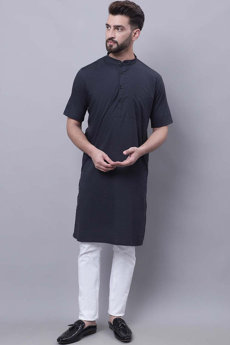 Buy Men's Black Cotton Self Design Long Kurta Top Online