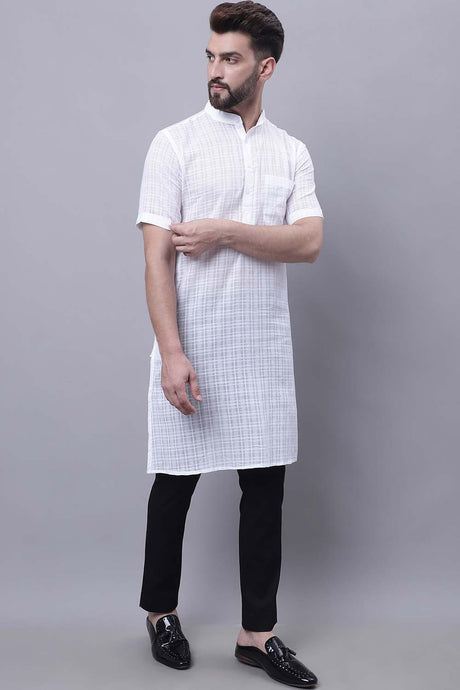 Buy Men's White Cotton Check Print Long Kurta Top Online - Back