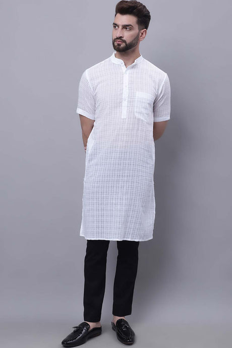 Buy Men's White Cotton Check Print Long Kurta Top Online