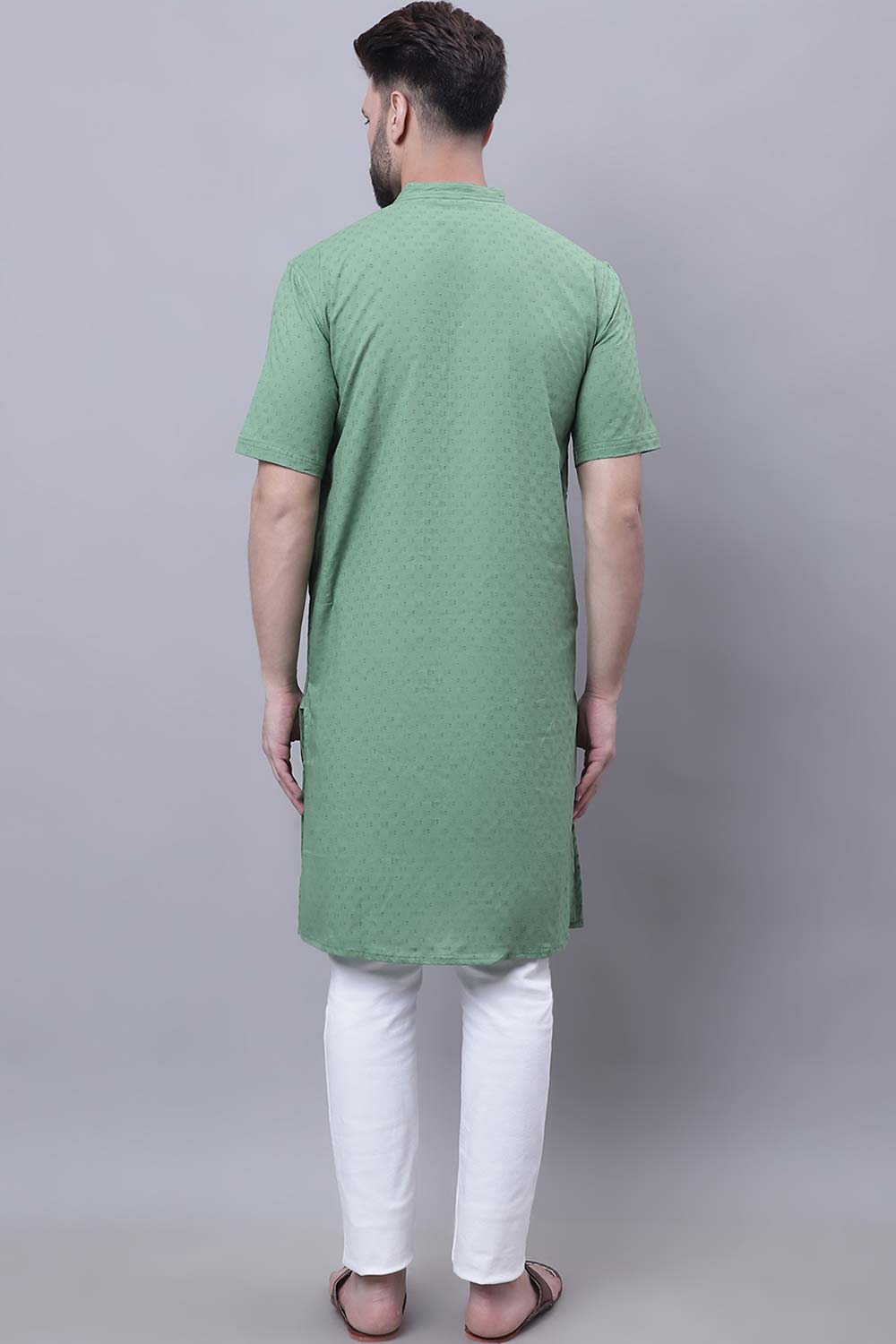 Buy Men's Green Cotton Self Design Long Kurta Top Online - Front