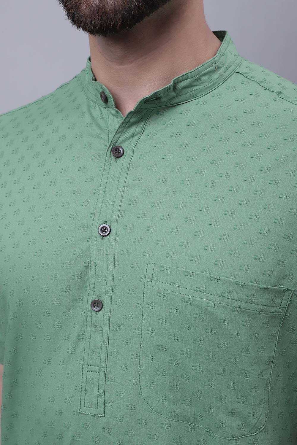 Buy Men's Green Cotton Self Design Long Kurta Top Online - Side