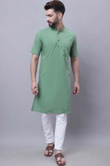Buy Men's Green Cotton Self Design Long Kurta Top Online - Zoom In