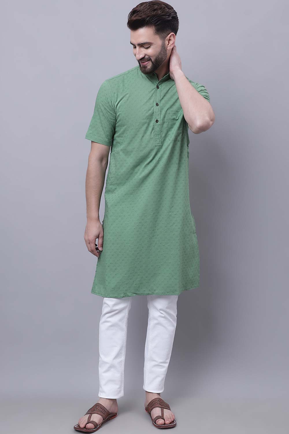 Buy Men's Green Cotton Self Design Long Kurta Top Online - Zoom Out