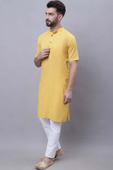 Buy Men's Yellow Cotton Self Design Long Kurta Top Online - Back