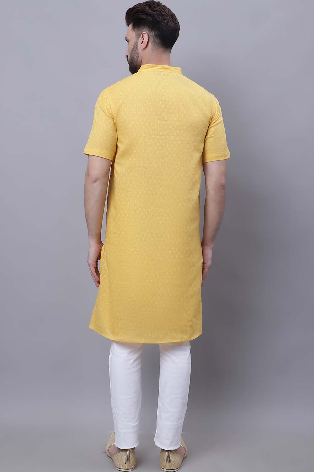 Buy Men's Yellow Cotton Self Design Long Kurta Top Online - Front