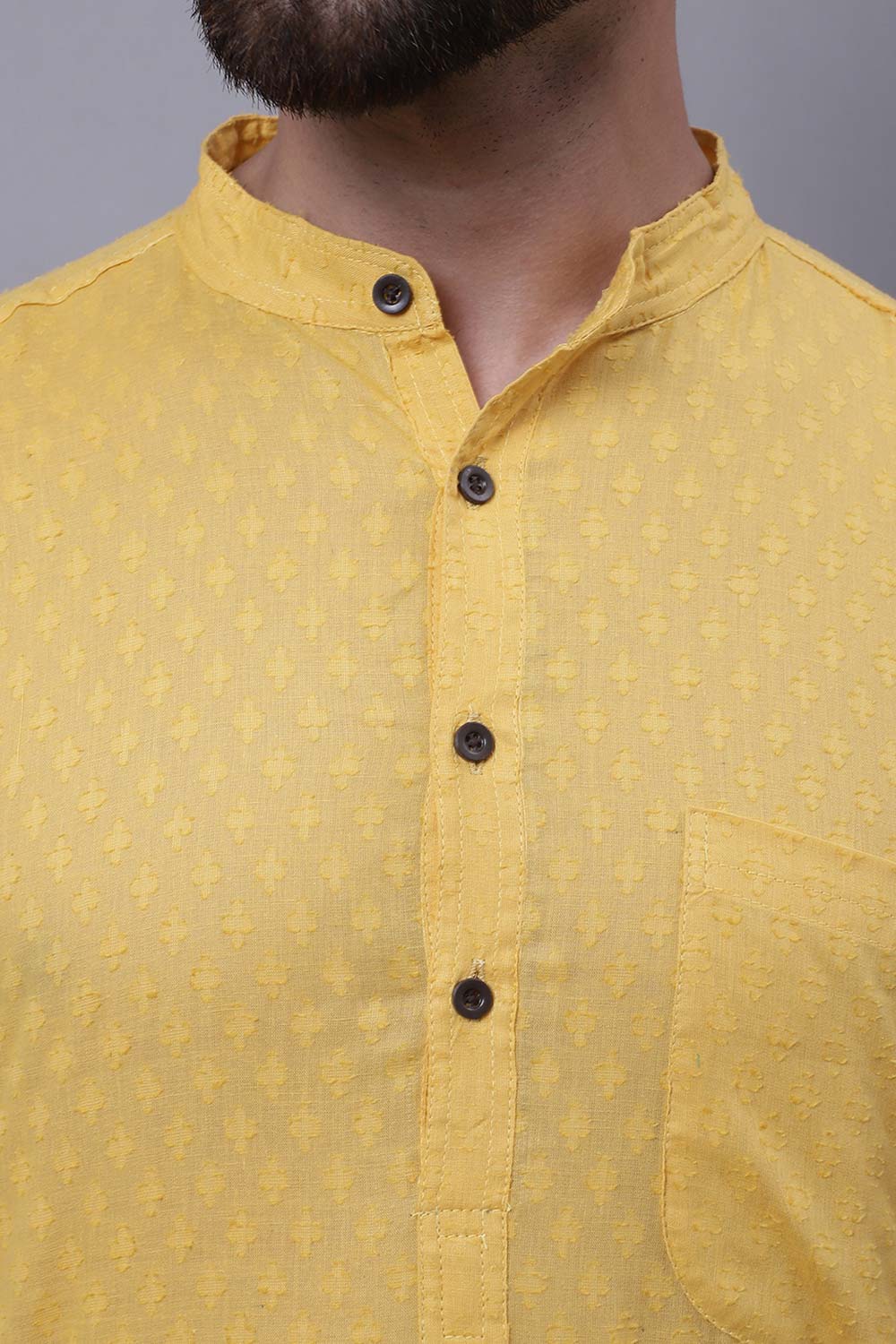 Buy Men's Yellow Cotton Self Design Long Kurta Top Online - Side