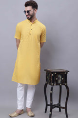 Buy Men's Yellow Cotton Self Design Long Kurta Top Online - Zoom In