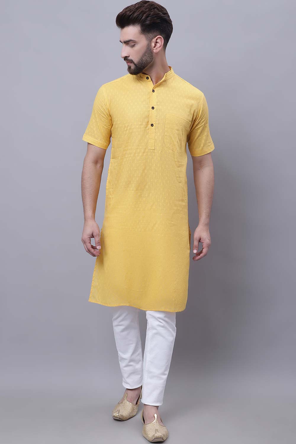 Buy Men's Yellow Cotton Self Design Long Kurta Top Online - Zoom Out