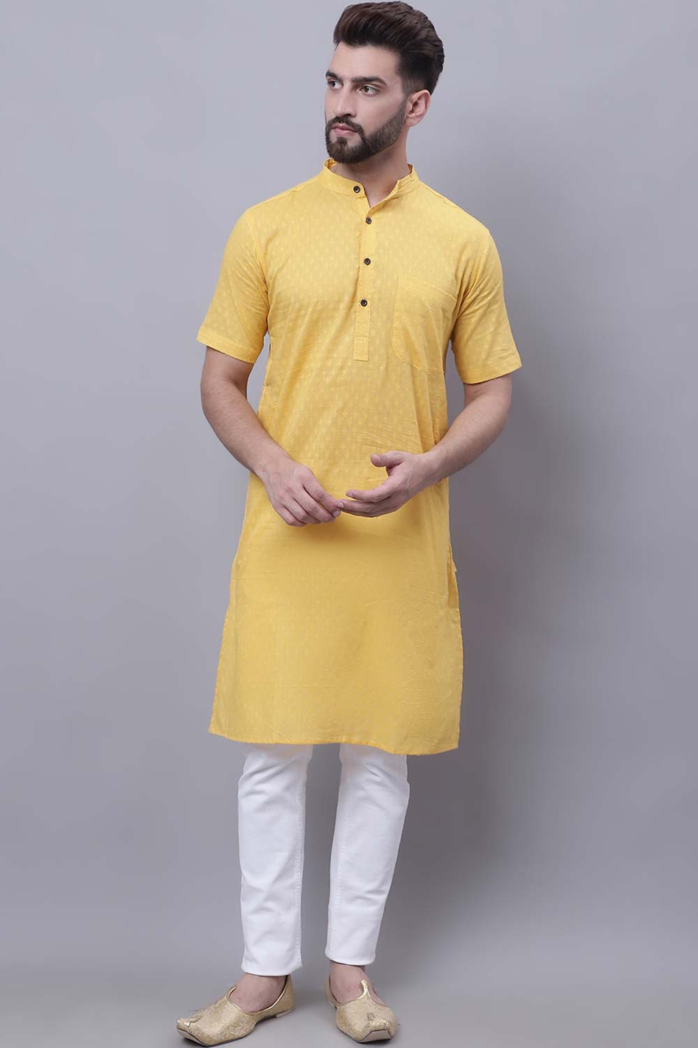 Buy Men's Yellow Cotton Self Design Long Kurta Top Online