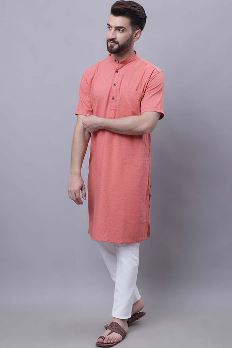 Buy Men's Peach Cotton Self Design Long Kurta Top Online - Back