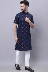 Buy Men's Blue Cotton Abstract Print Long Kurta Top Online - Back