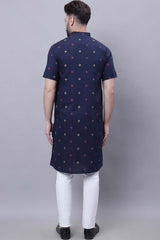 Buy Men's Blue Cotton Abstract Print Long Kurta Top Online - Front