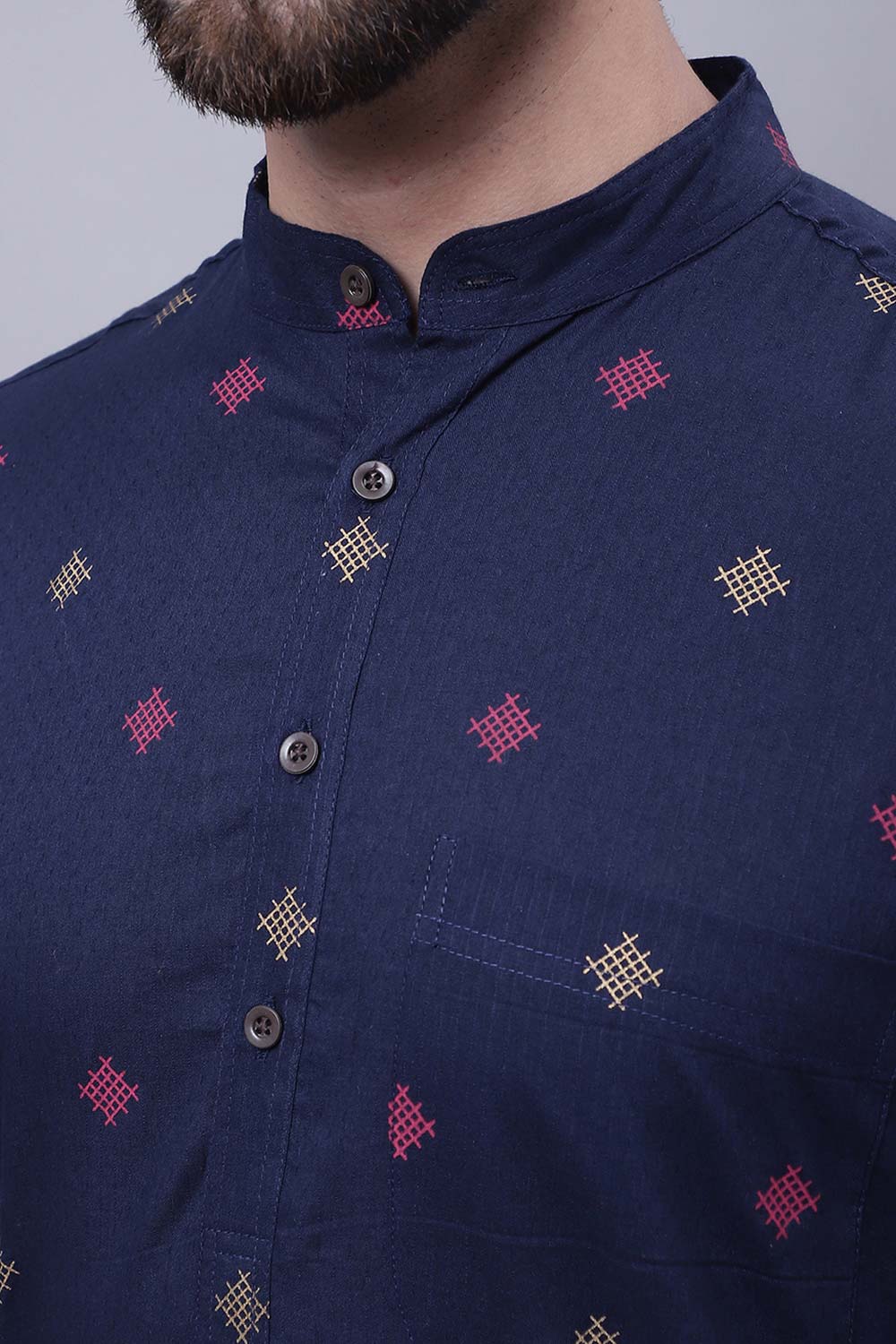 Buy Men's Blue Cotton Abstract Print Long Kurta Top Online - Side