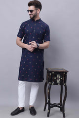 Buy Men's Blue Cotton Abstract Print Long Kurta Top Online - Zoom In