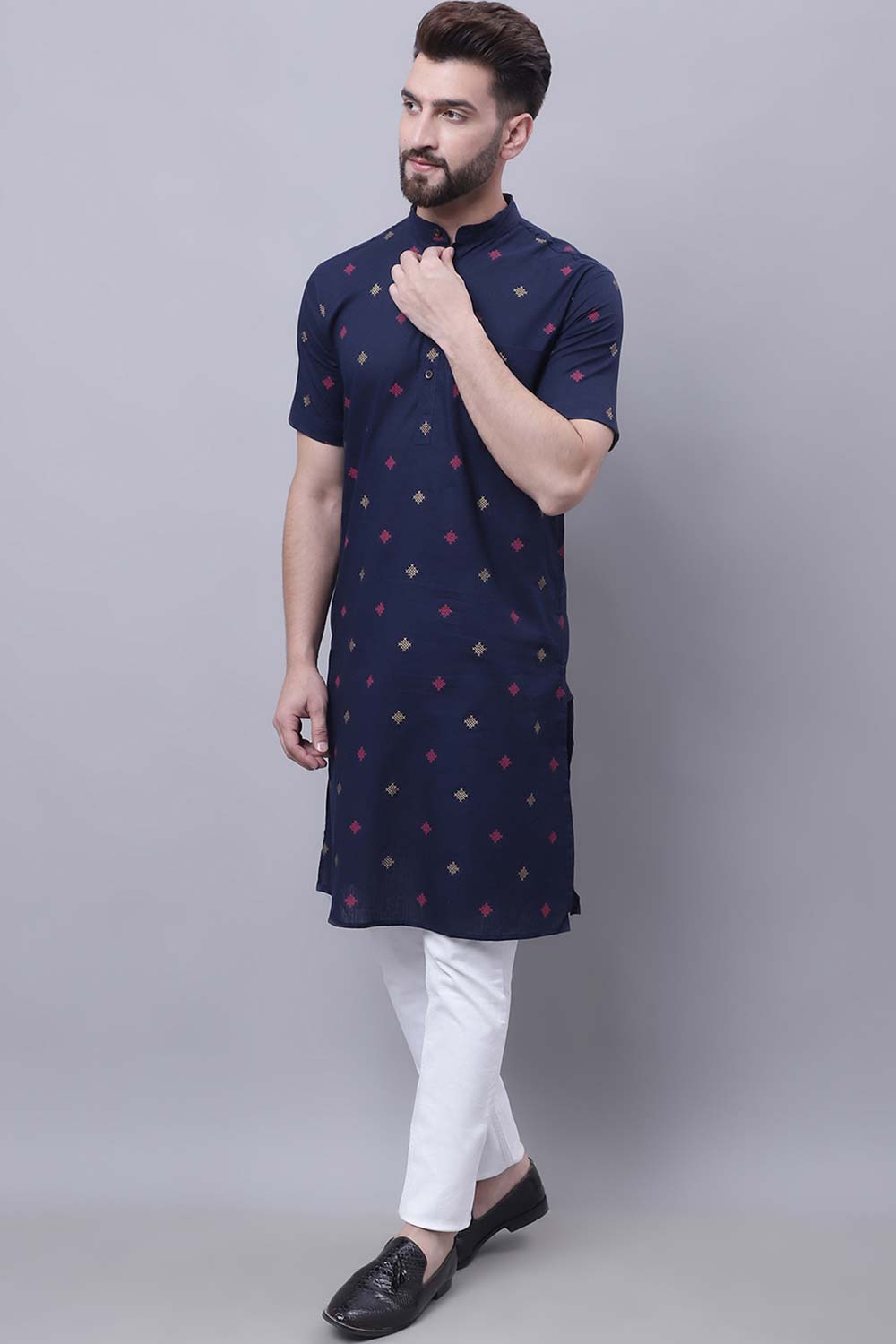 Buy Men's Blue Cotton Abstract Print Long Kurta Top Online - Zoom Out