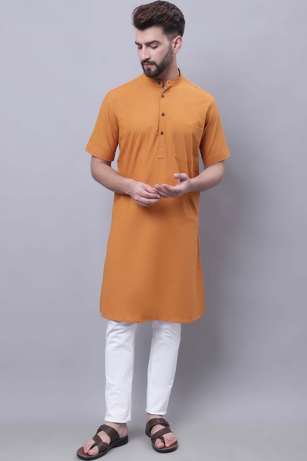 Buy Men's Yellow Cotton Solid Long Kurta Top Online - Zoom Out